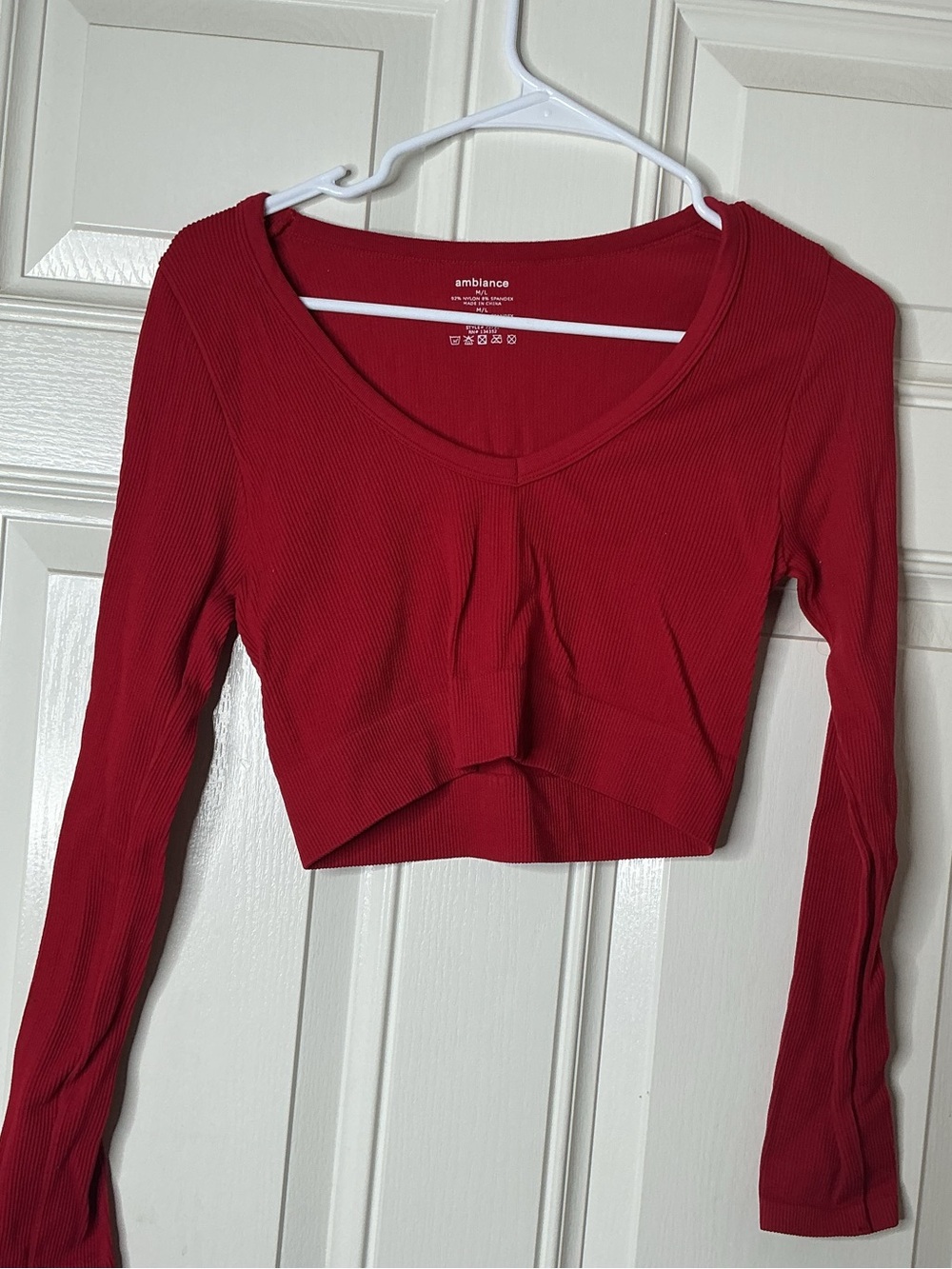 Ambiance Red Ribbed V-Neck Long Sleeve Crop Top